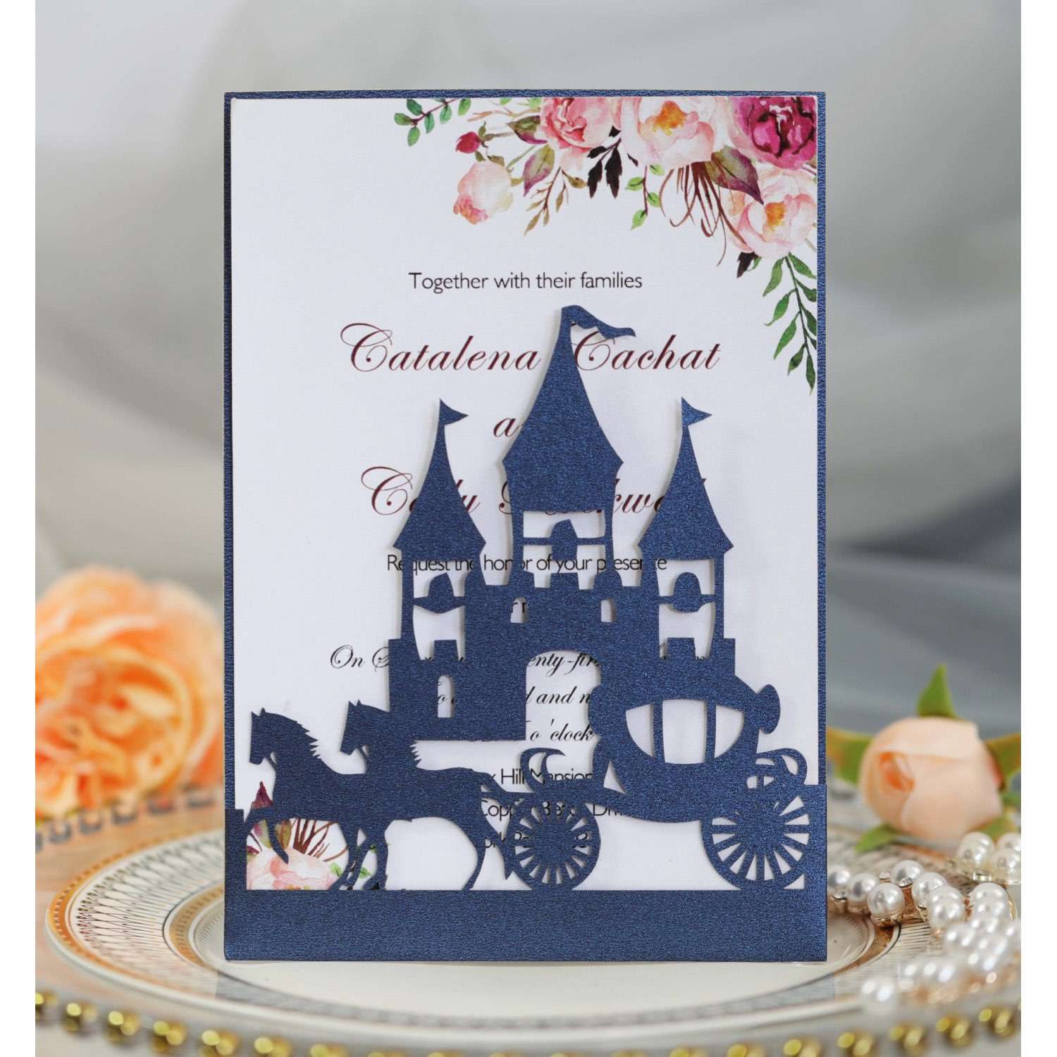 Wedding Card Design Laser Cut Castle And Carriage Invitation Iridescent  Card Greeting Card
